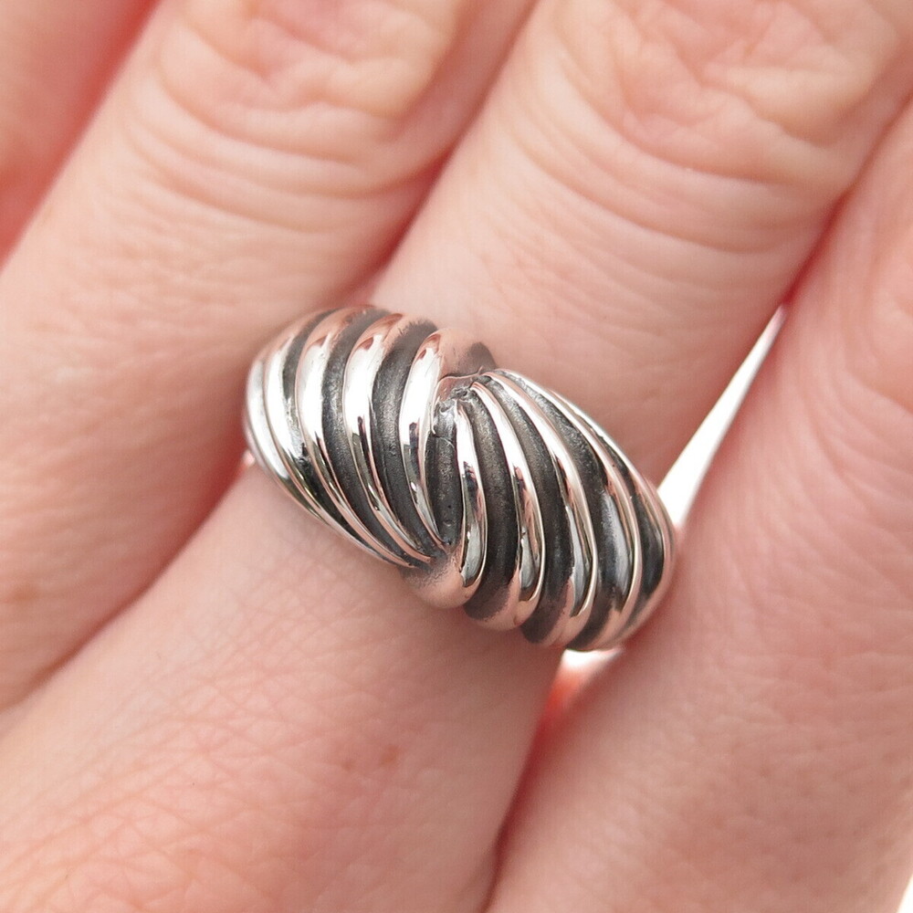 925 Sterling Silver Vintage Modernist Ribbed Dome Oxidized Ring Size 8.75